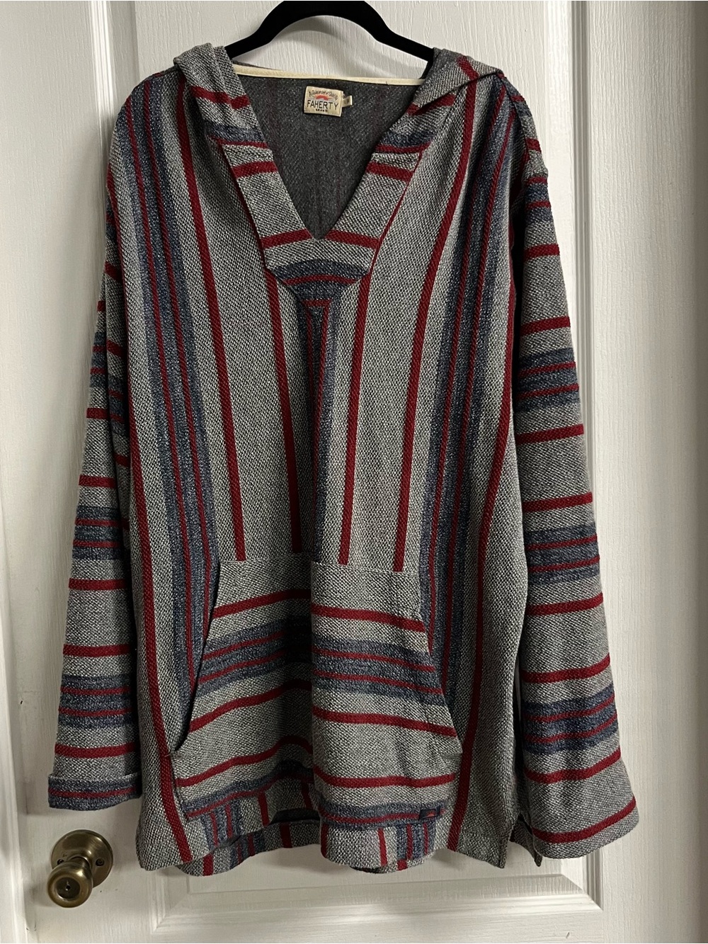 Faherty Gray Baja-Style Hoodie with Red & Blue Stripes